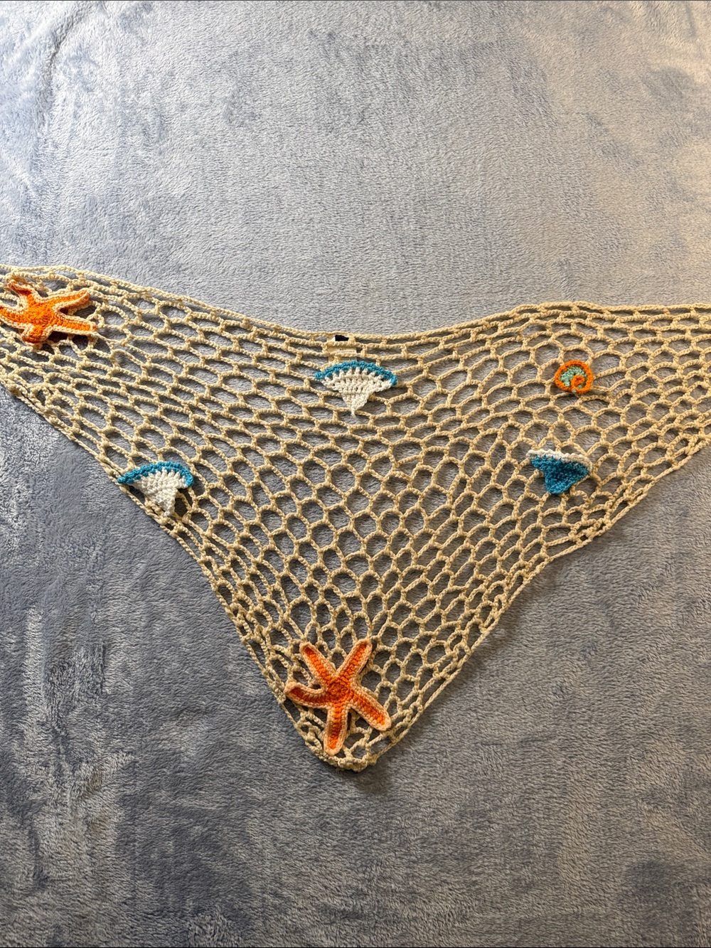 Handmade Beige Crochet Beach Scarf with Orange and Blue Accents